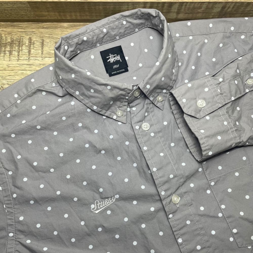 Stussy Mens Large Grey White Polka Dot Long Sleeve Button Down Shirt Streetwear